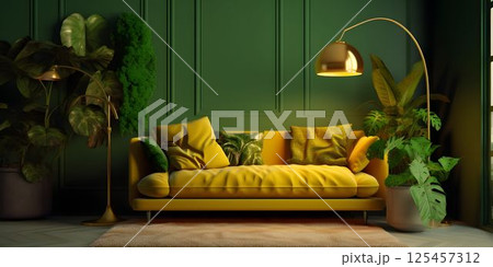 Luxurious and Minimalist Living Room Interior with Sofa and Other Furniture with Nature Concept Dominated by Green and Gold Colors Luxurious and Minimalist Living Room Interior with Sofa and Other Furniture with Nature Concept Dominated by Green and Gold Colors 125457312