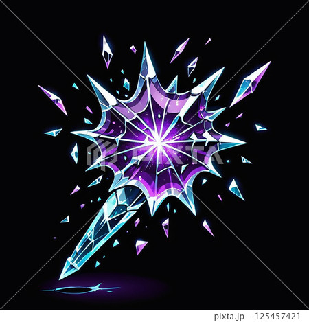 Colorful crystal wand with shards of ice and a glowing center, surrounded by sparkling fragments and a dark background, highlighting intricate details and magical elements. 125457421