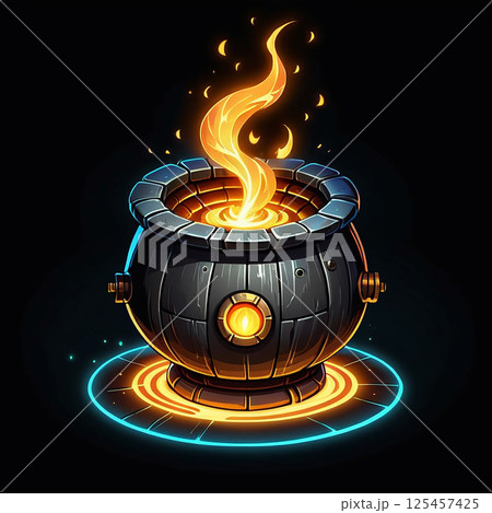 Glowing cauldron with swirling flame and magical elements, illuminated against a dark background, featuring intricate details and a vibrant magical aura. 125457425