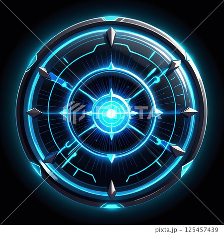 Glowing blue shield with futuristic design featuring a central star, radiating energy lines, set against a dark background, creating a technological and sci-fi atmosphere. 125457439