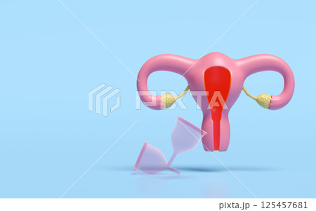 3d uterus model with menstrual cup isolated on blue background. menstruation cup reusable concept, 3d illustration render 125457681