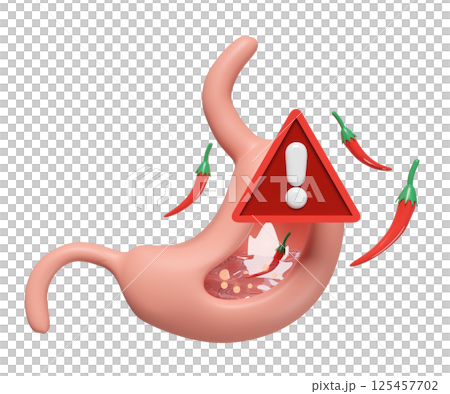 3d human stomach with exclamation mark, pepper, stomach acid, gas isolated. gastric disease concept, 3d illustration render 3d human stomach with exclamation mark, pepper, stomach acid, gas isolated. gastric disease concept, 3d illustration render 125457702