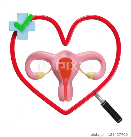 3d heart shaped magnifying glass with uterus model, cross, check mark isolated. check uterus health, medicare concept, 3d illustration render 125457706
