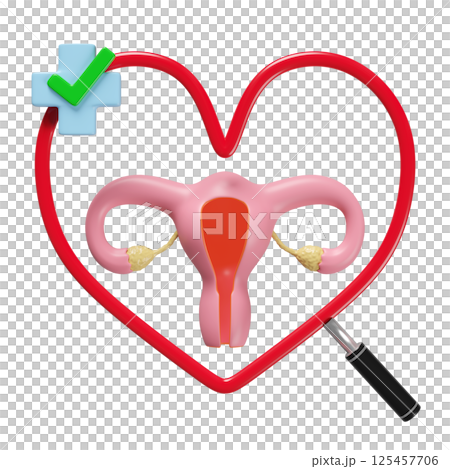 3d heart shaped magnifying glass with uterus model, cross, check mark isolated. check uterus health, medicare concept, 3d illustration render 125457706