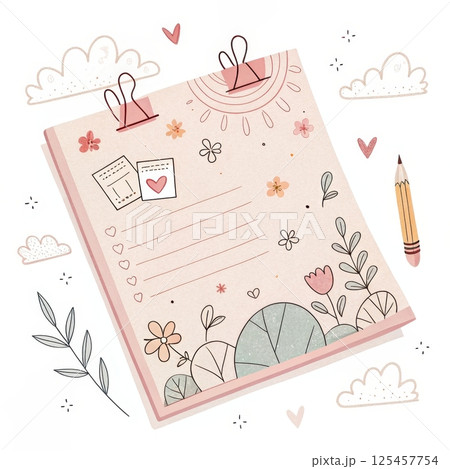 Whimsical doodles adorning a colorful sticky note Whimsical doodles adorning a colorful sticky note 125457754