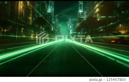 Green Light Trails with Motion Effect. High Speed Light Effect. Long Exposure 125457803