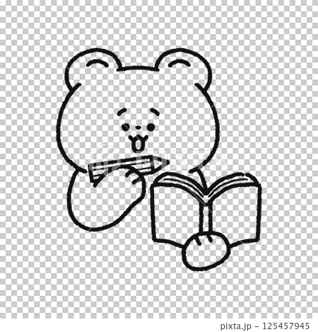 メモをとるかわいいクマ　線画 125457945