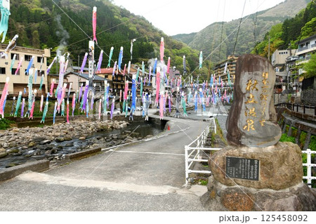 【小国町　日本一の鯉のぼりの里「杖立温泉」杖立川と鯉のぼり】 125458092