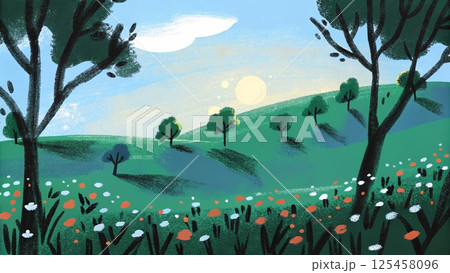 Blank meadow flower landscape scene with many trees background  Blank meadow flower landscape scene with many trees background  125458096