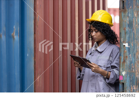 Female African American smiling engineering in uniform wear hard hat standing containers yard holding tablet. Area logistics import export and shipping. Female African American smiling engineering in uniform wear hard hat standing containers yard holding tablet. Area logistics import export and shipping. 125458692