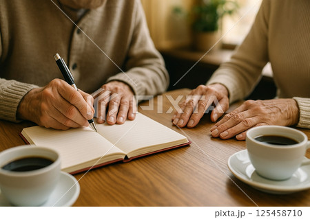 カフェでノートを囲むシニア夫婦の手元とコーヒー カフェでノートを囲むシニア夫婦の手元とコーヒー 125458710