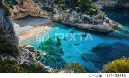 A beautiful blue ocean with a rocky shoreline 125458816