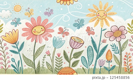 Doodle flowers for kids with crayon background  125458856