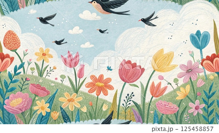 Doodle flowers for kids with crayon background  125458857
