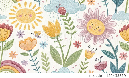 Doodle flowers for kids with crayon background  125458859