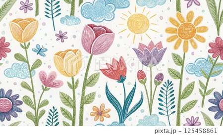 Doodle flowers for kids with crayon background  125458861