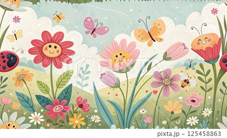 Doodle flowers for kids with crayon background  125458863