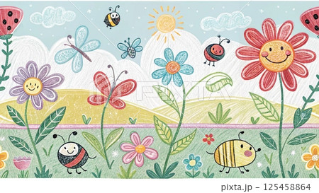 Doodle flowers for kids with crayon background  125458864