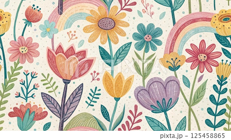 Doodle flowers for kids with crayon background  125458865