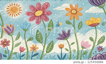Doodle flowers for kids with crayon background  125458866