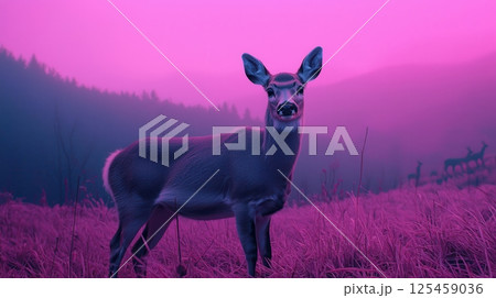 A deer stands in a field of grass with a pink sky in the background 125459036
