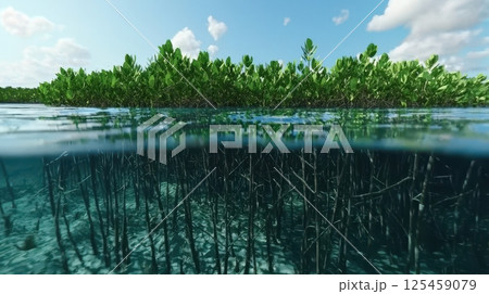 A body of water with a lush green plant growing out of it 125459079