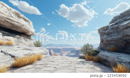 A desert landscape with a mountain in the background 125459092