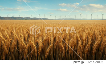 A field of golden wheat with a clear blue sky in the background 125459093