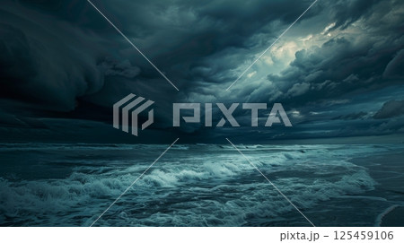 A stormy ocean with large waves crashing against the shore 125459106