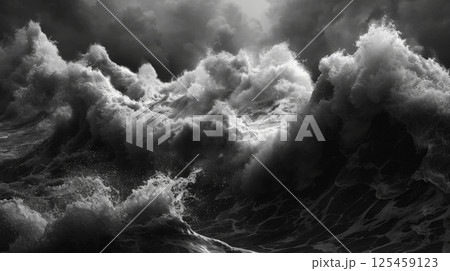 The image is a black and white photo of a large wave crashing into the shore 125459123
