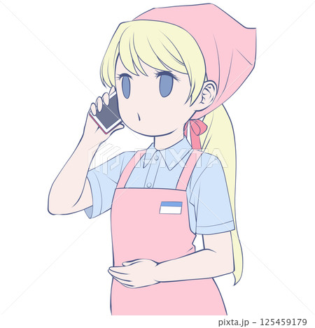 スマホで電話をかける金髪の女性店員・呼び出し中 スマホで電話をかける金髪の女性店員・呼び出し中 125459179