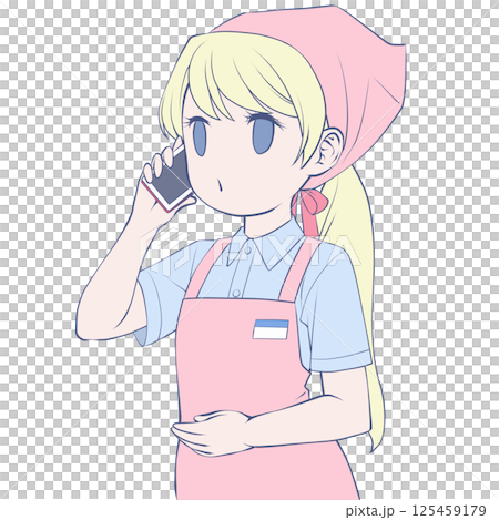 Blonde female store clerk making a phone call on her smartphone - ringing 125459179