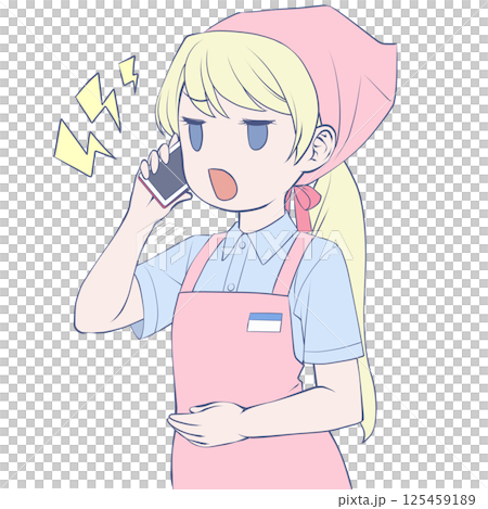 Blonde female store clerk making a phone call on her smartphone - angry Blonde female store clerk making a phone call on her smartphone - angry 125459189