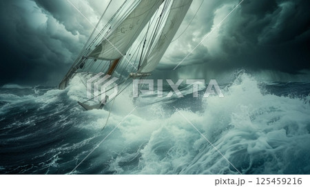 A large sailboat is being tossed around in a stormy sea 125459216