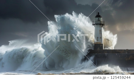 A lighthouse is being battered by a huge wave 125459244