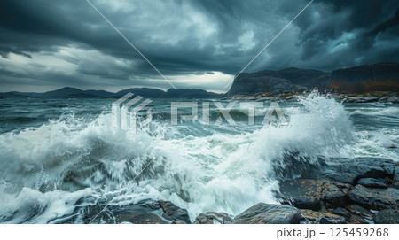 The ocean is rough and the sky is dark and cloudy 125459268