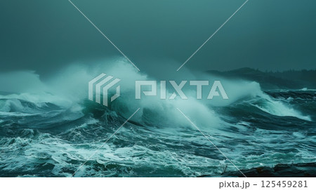 A stormy ocean with a large wave crashing against the shore 125459281