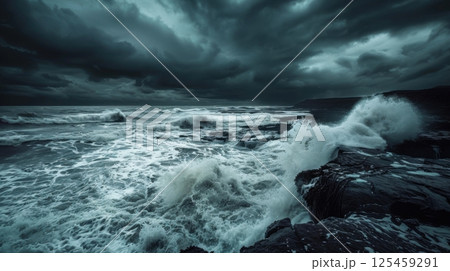The ocean is rough and the waves are crashing...のイラスト素材 [125459291] - PIXTA