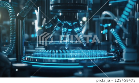 A group of lab equipment is shown with a blue glow 125459475