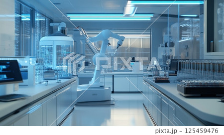 A robot is in a lab with a white background A robot is in a lab with a white background 125459476