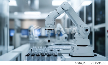 A robot is in a lab with many bottles and a computer 125459492