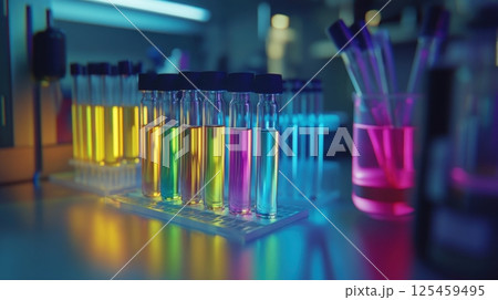 A row of colorful bottles on a shelf 125459495