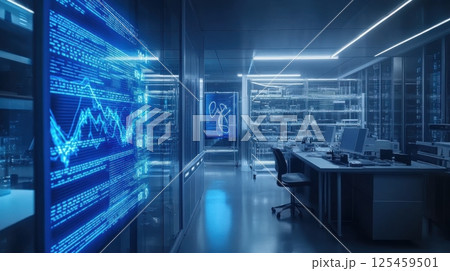 A computer room with a large screen displaying a graph of some sort 125459501
