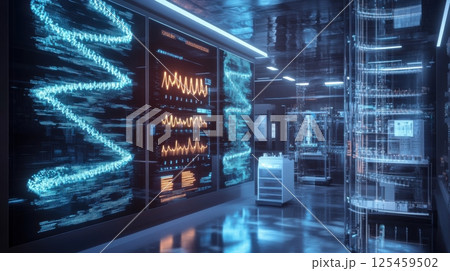 A computer room with a large screen displaying a graph of some sort 125459502