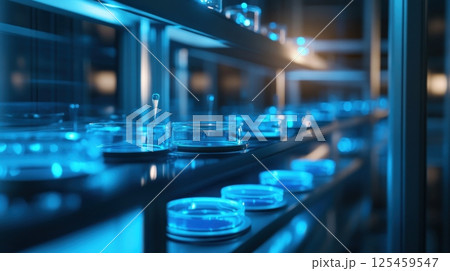 A tray of blue petri dishes with a blue background A tray of blue petri dishes with a blue background 125459547