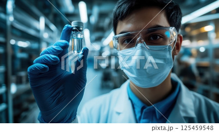A man wearing a lab coat and gloves holding a vial 125459548