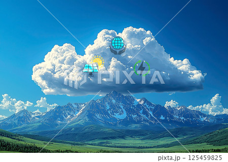 雲の中に再生可能エネルギーの象徴が描かれた自然と共生する風景 雲の中に再生可能エネルギーの象徴が描かれた自然と共生する風景 125459825
