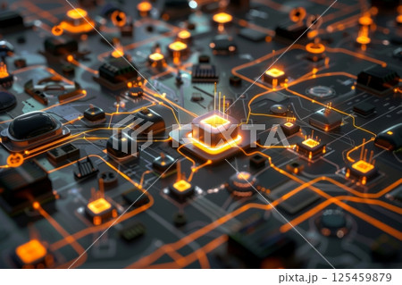 Futuristic Circuit Board with Glowing Components 125459879
