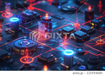 Futuristic Circuit Board with Glowing Components 125459880