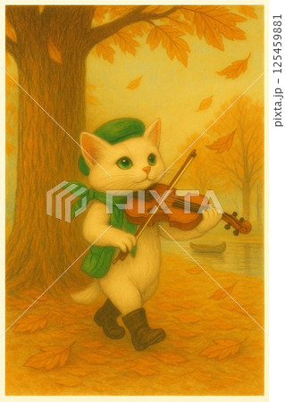 秋の森でバイオリンを演奏中の白い猫　ベレー帽を被った猫シリーズ　Generative AI 125459881